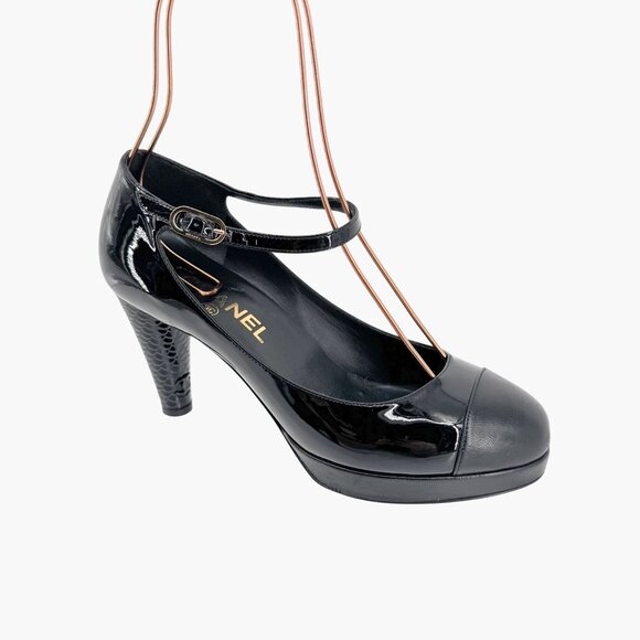 Chanel Platform Pumps Size 38 US 7-7.5 Black Patent Cap Toe Mary Jane Mid Heel - Picture 9 of 15